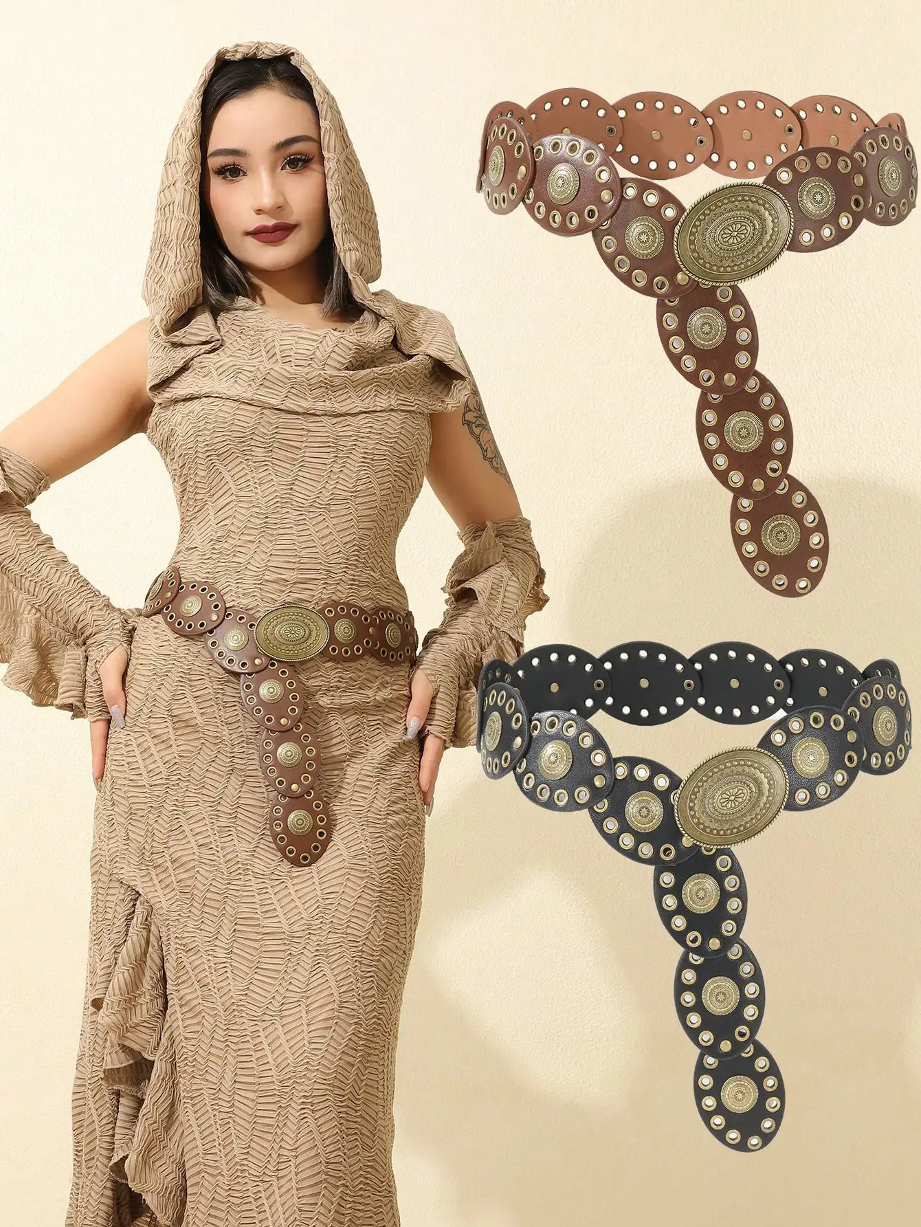1Pcs Ladies retro oval pancake patchwork belt Bohemian style Carved style Western cowboy style Dress accessories 250603