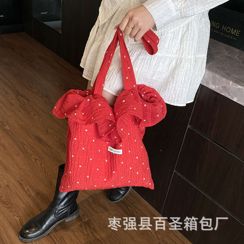 2025 Spring/Summer New Sweet Ruffle Fabric Bag for Women, Casual Lazy Style Student Tote Bag, Versatile Handbag