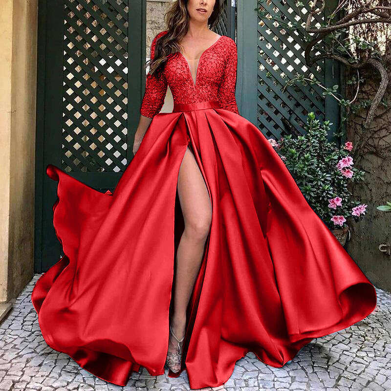 New Women's Lace Sequin Flared Sexy Long Dress With Train For Party Evening Gown B5