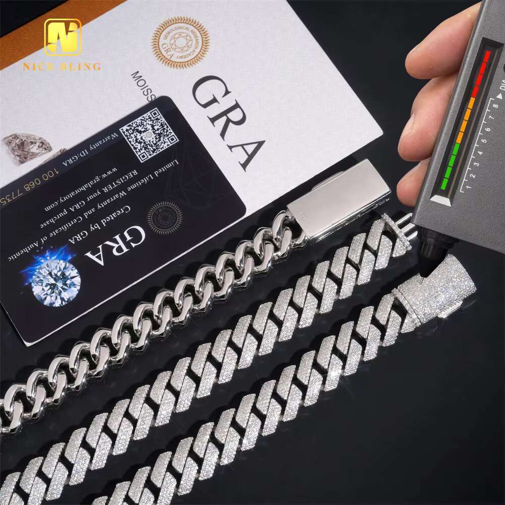 High Quality 15mm Hip Hop Jewelry Necklace Iced Out Diamond Custom Cuban Link Chain 925 Silver VVS Moissanite Chain Necklace