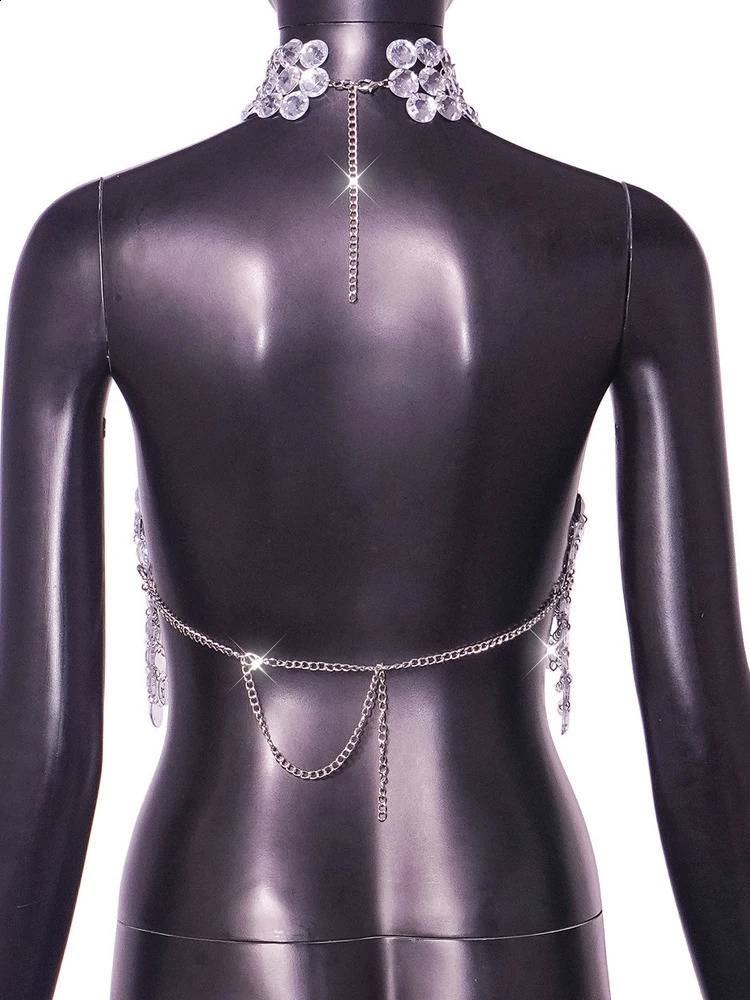Beyprern Silver Halter Tank Top Glitter Diamonds Bustier Tops Gorgeous Backless Metal Sequin Crop Top Club Vest Festival Outfits 250529