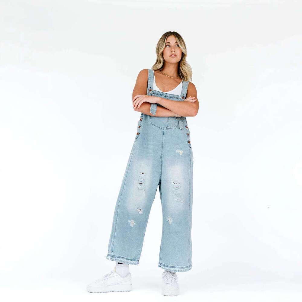 Fashion Vintage Distressed Loose Wide-Leg Comfortable Casual Strap Denim Overalls For Women B5