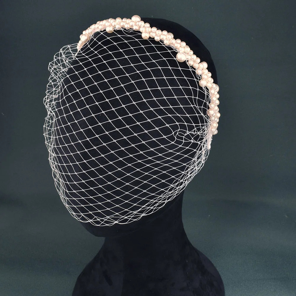 JM26 Tulle Cage Veil with Pearls Wedding Birdcage Veil with Headband Face Cover Bride Headdress Wedding Accessories Mariage 250530