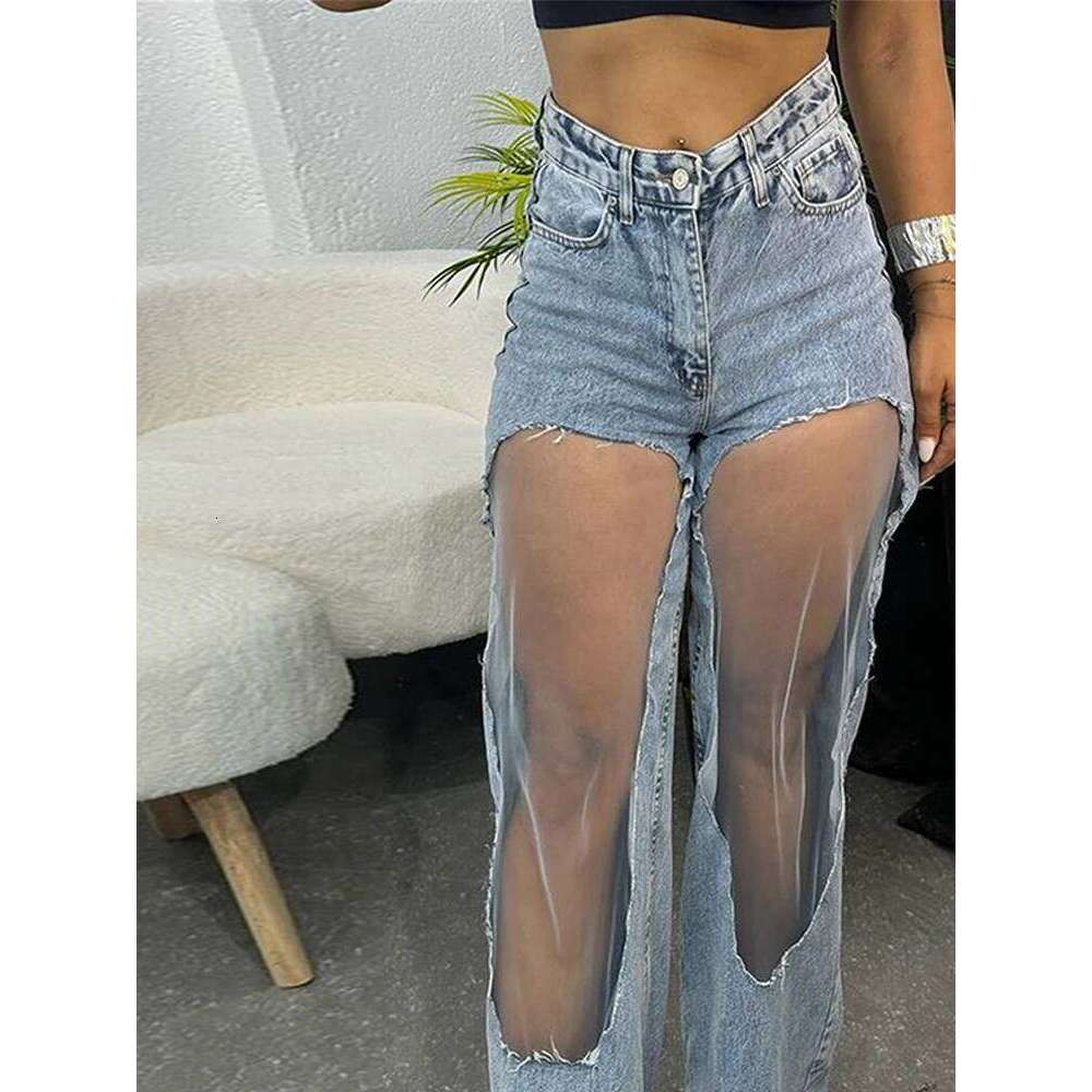 Y2k Cut-Out Gradient Woman's Pants Mesh Patchwork Low Rise Jeans For Women Baggy Wide Leg Dragging Vintage Denim Trousers