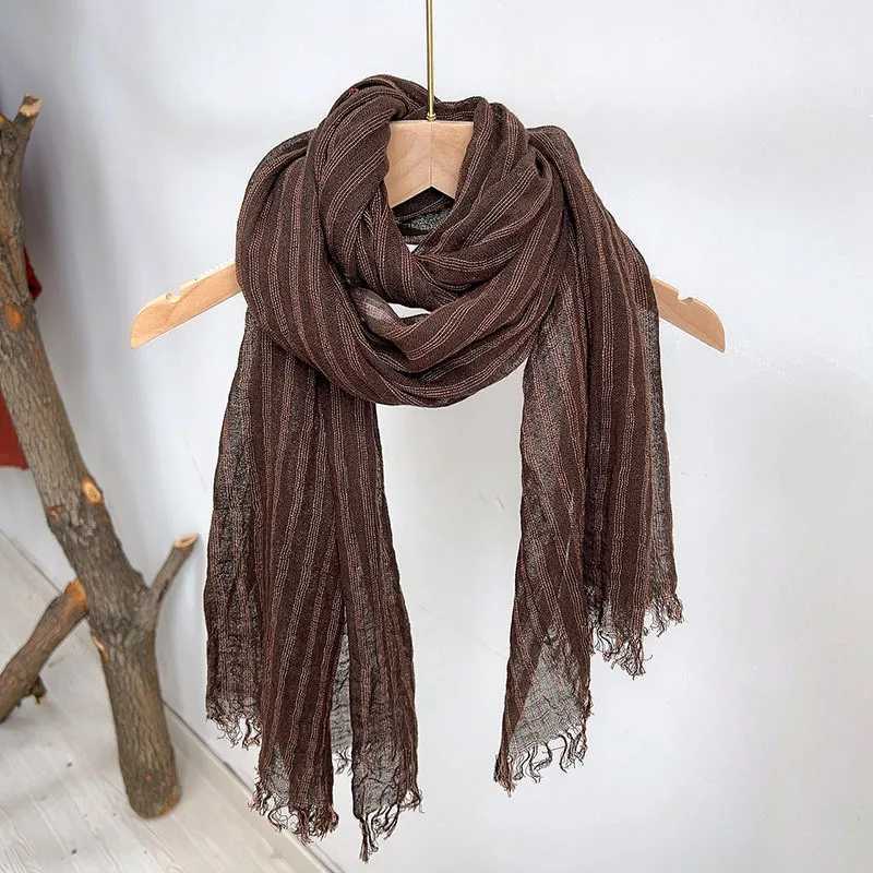 Men/Women Spring/Summer Cotton Linen Brown Versatile Striped Scarf W250602