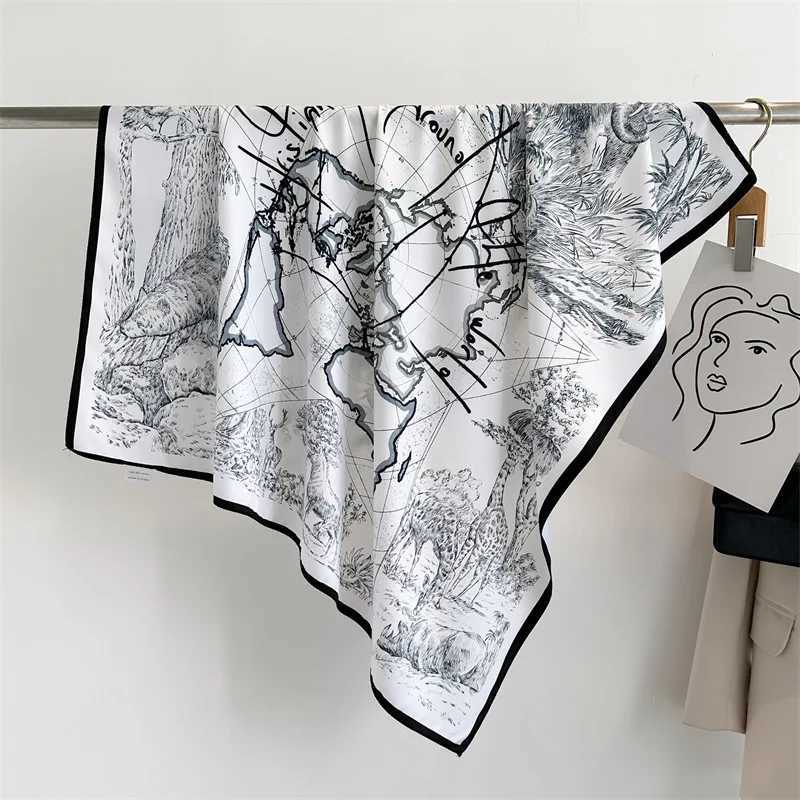 Spring Summer Luxury Design Women 90X90cm Square Silk Scarf Landscape Print Hijab Foulard Ribbon Wrap Hairband Headband Mom Gift W250602