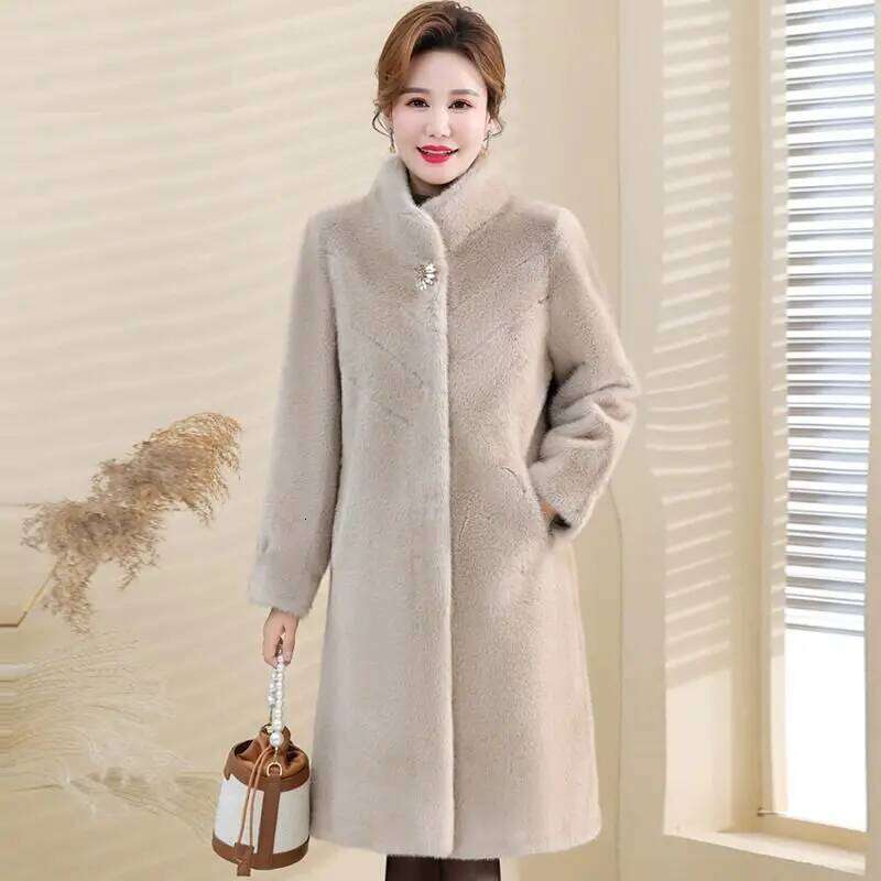 2025 new winter mink coat women Fashion Elegant middle-aged mom Stand collar long Warm fur jacket Female loose overcoat T825
