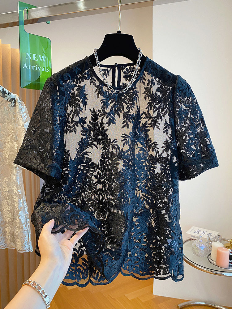 2025 Spring/Summer New Women's T-shirt New Luxury Thick Lace Women's Short Sleeve New Loose Fashion Transparent Hoodie Designer Summer Women