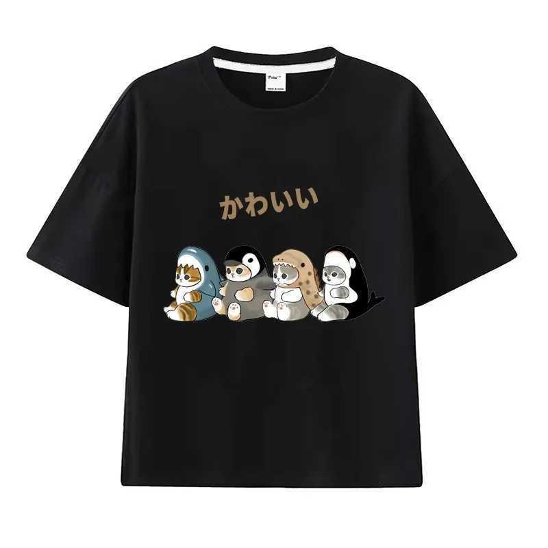 Mofusand Shark Cat T-shirts for Boys and Girls Are Versatile and Stylish Summer Short-sleeved Tops for Middle and Older Children T250603