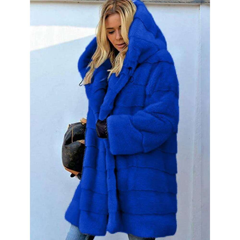 2025Medium Length Solid Color Loose Plush Hoodie Warm Coat Autumn and Faux Fur Winter Jacket Women's Large