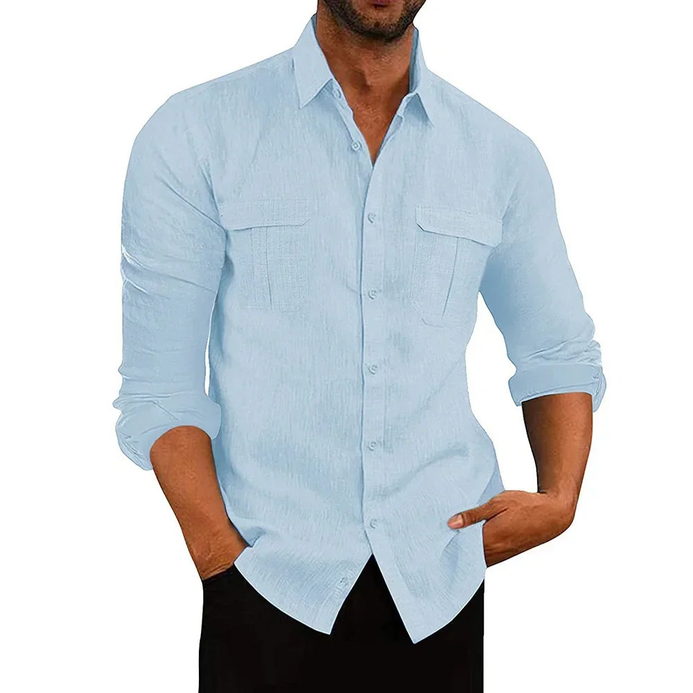 Mens Cotton Linen Material Shirt Double Pocket Casual Breathable Long-sleeved Shirt Lapel Solid Colour Mens Tops 250603