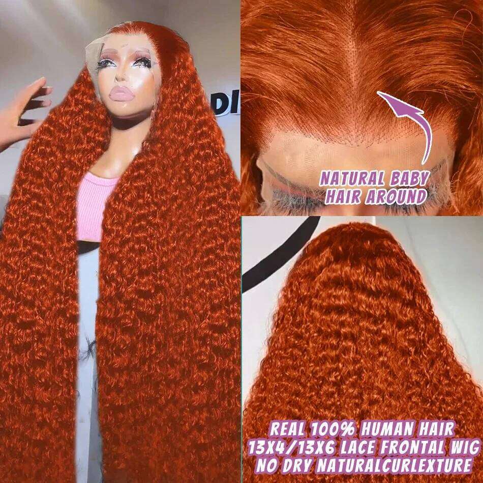 YKB 30 40 Inch 350 Ginger Kinky Curly 13x6 HD Lace Front Human Hair Wigs Orange Colored Deep Wave 13x4 Frontal Wig For Women