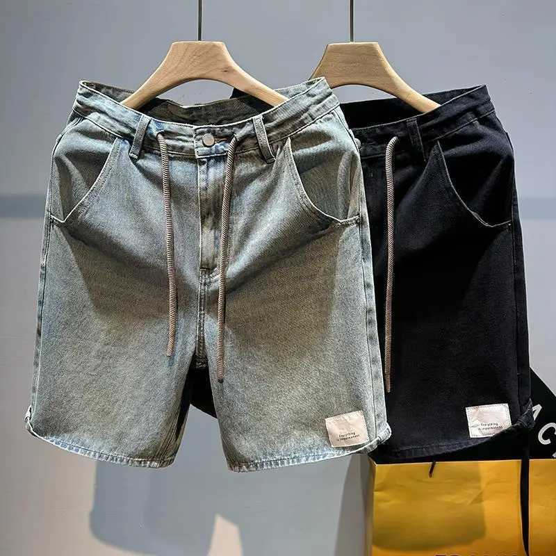 Mens Short Jeans Pants Buttons Black Wide Drawstring Male Denim Shorts Loose Baggy Summer Korean Fashion Harajuku Y2k Cowboy XL T250603