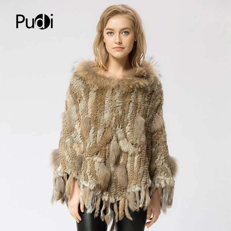 SRR002-2 Real Knitted Rabbit & Raccoon Fur Shawl Poncho Stole Shrug Cape Robe Tippet Wrap Women's Winter Warm Coat/outwear