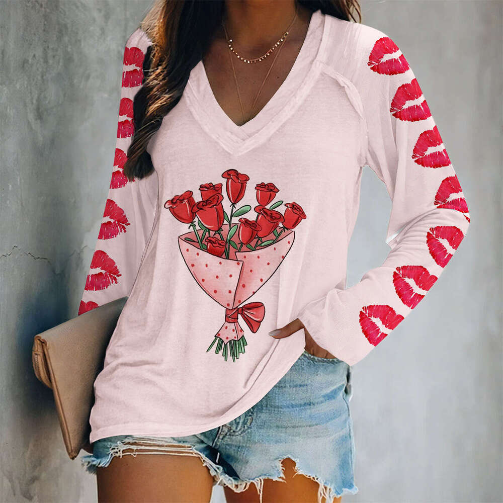 25 Year Valentine's Day Hot Spring Digital Print V-neck Long Sleeve Loose Women's T-shirt Wholesale New Casual Versatile Fashion Clothing