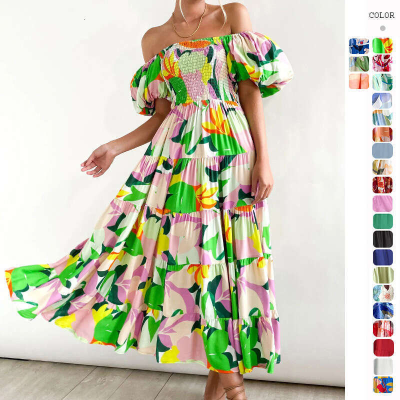 Summer New Puff Sleeve Vacation Slimming Long Hot Girl High Waist Off-Shoulder Printed Dress For Women B5