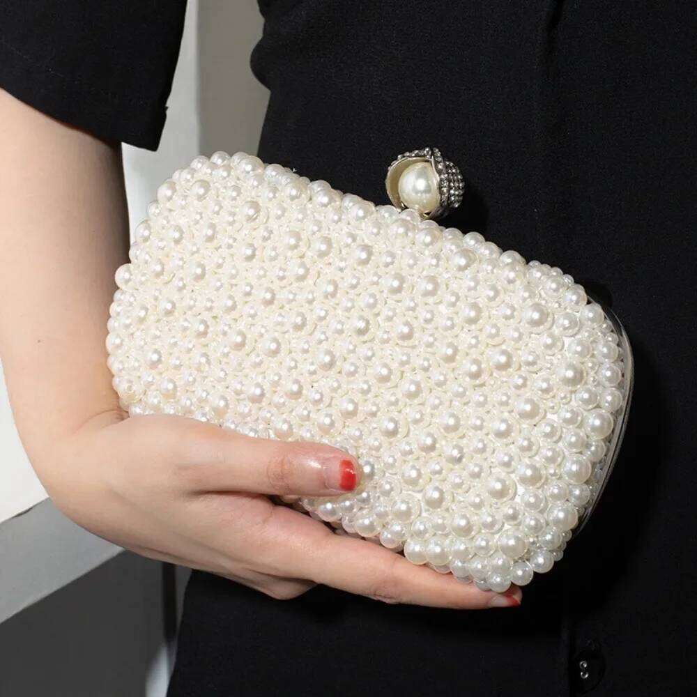 Simple and New Fashionable Women's Inlaid with Large Pearls, Handmade Bead Embroidered Bag, Hand-held Temperament Pearls, Bag,