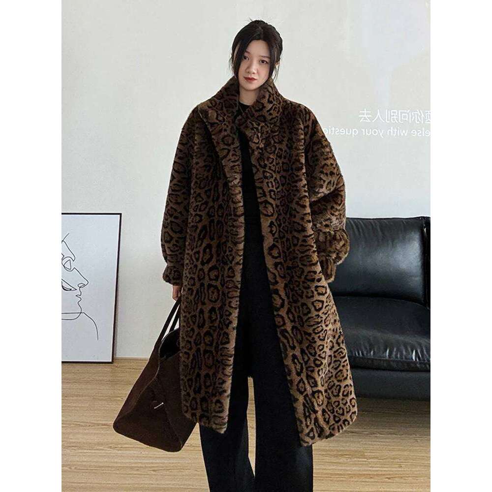 Winter Women Imitation Leopard Print Jackets Long Faux Fur Coat Fabric Thick Warm Outerwear Oversize Streetwear Coats