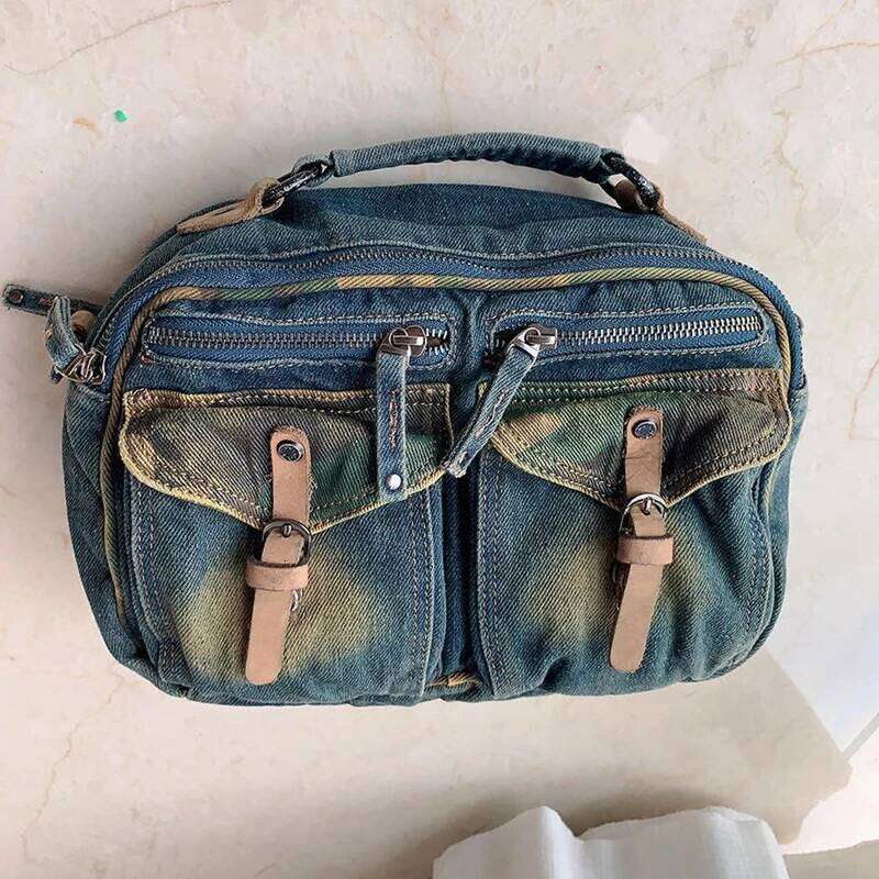 WOONAM Fashion Denim Canvas Genuine Calf Leather Trim Multi Pocket Duffle Handbag Women Top Handle Purse Wb240226