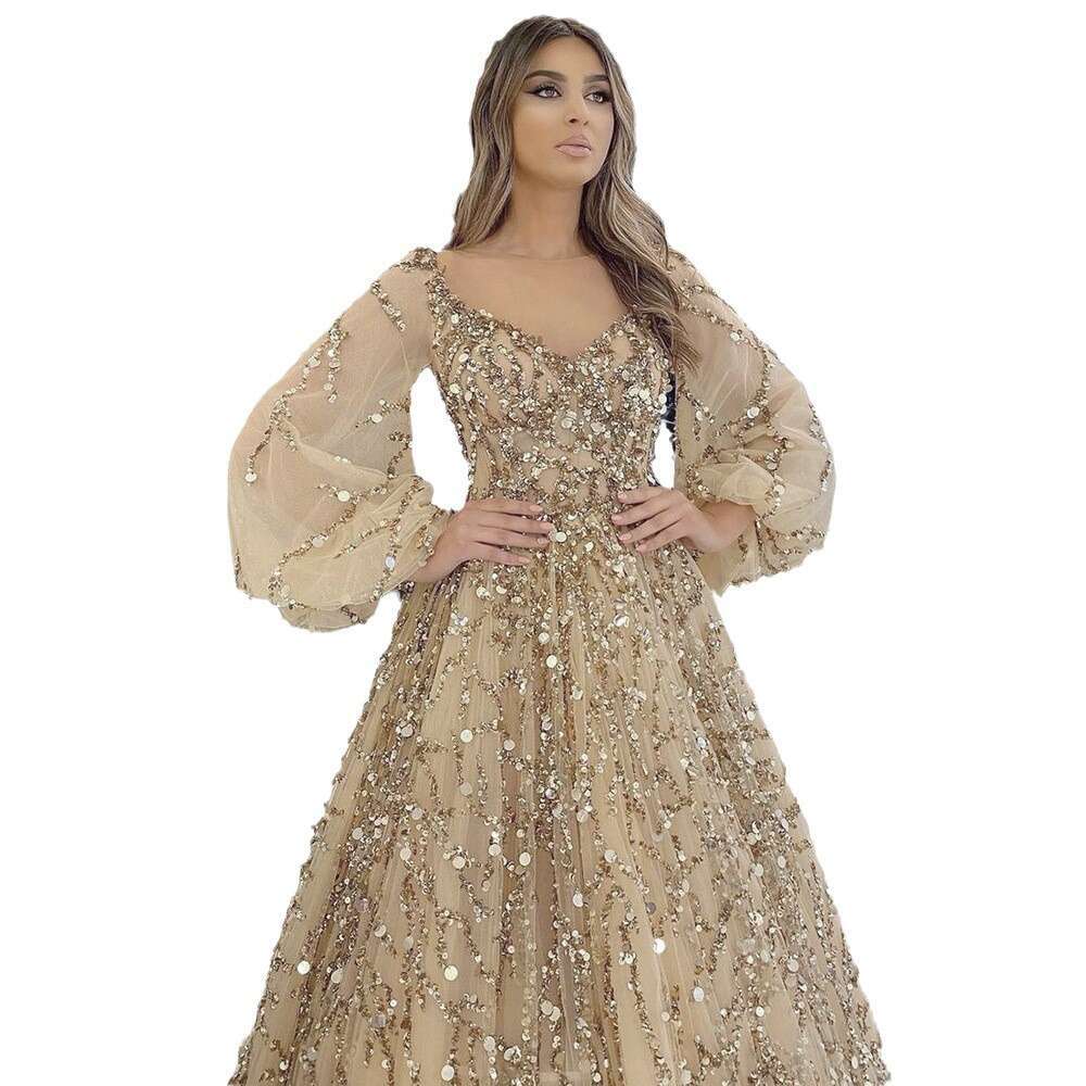 New Gold Heavy Beaded Luxury Evening Sexy Socialite Aura Queen Long Dress Yq7109 B5