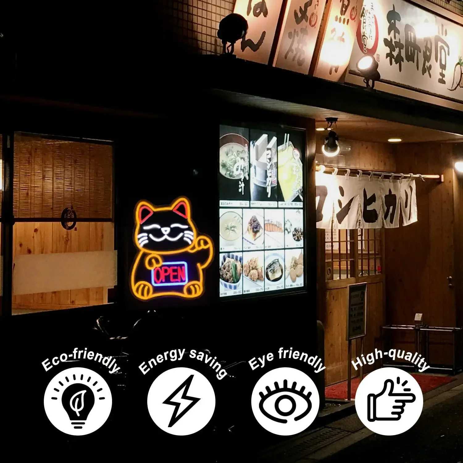 Lucky Cat Open Neon Sign USB Dimmable LED Sign for Restaurant Ramen Shop Izakaya Sushi Bar Decor Business Openings Decor Gift XJ250602