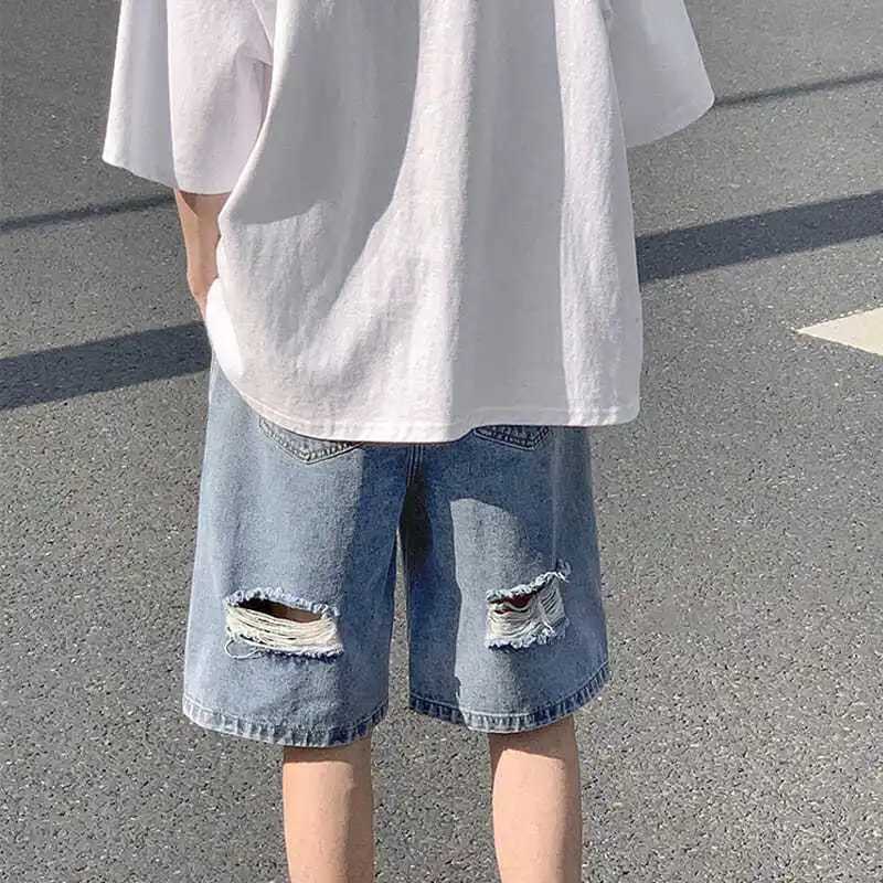 Mens New Loose and Versatile Straight Wide-leg Five-point Ripped Denim Shorts T250603