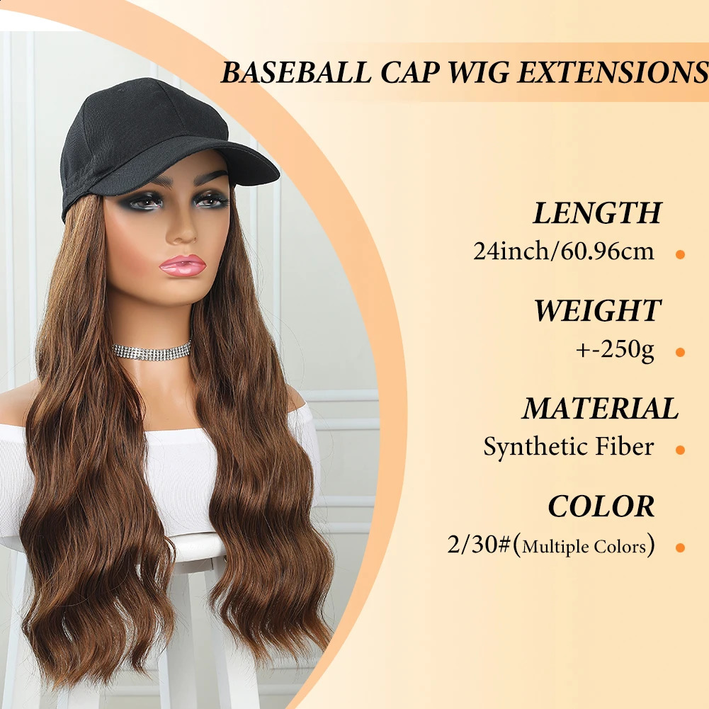 Baseball Cap Synthetic with Hair Extensions 24 inch Long Wavy Heat Resistant Fiber Hairpieces Adjustable Hat Wig for Women 250530