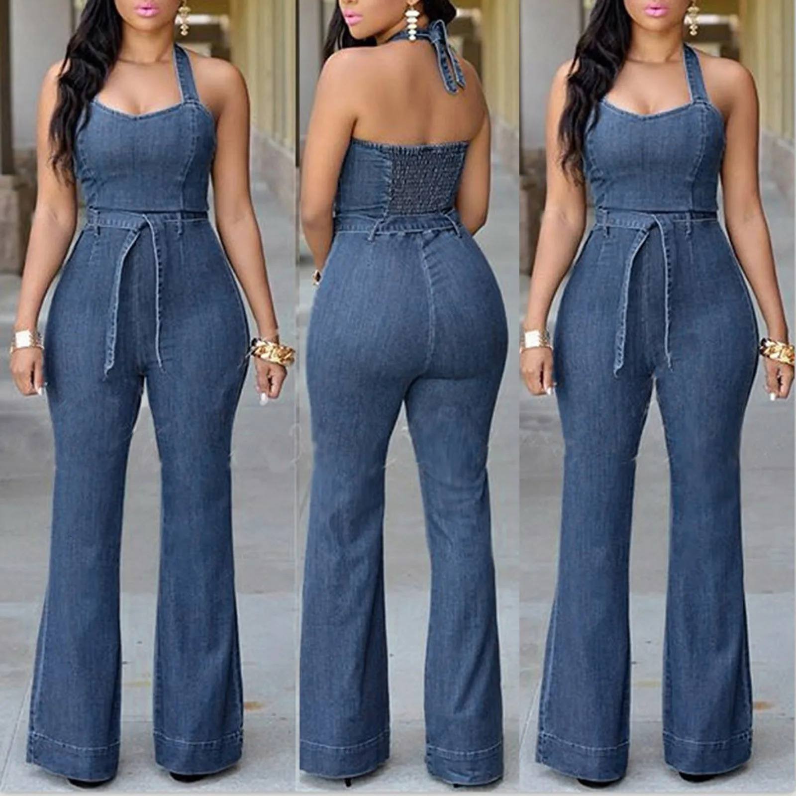 Womens Slim Fit Halter Sleeveless Casual Denim Jumpsuit Elegant Women Bodycone Playsuit With Belt Fashion Skinny Flare Pants 250603