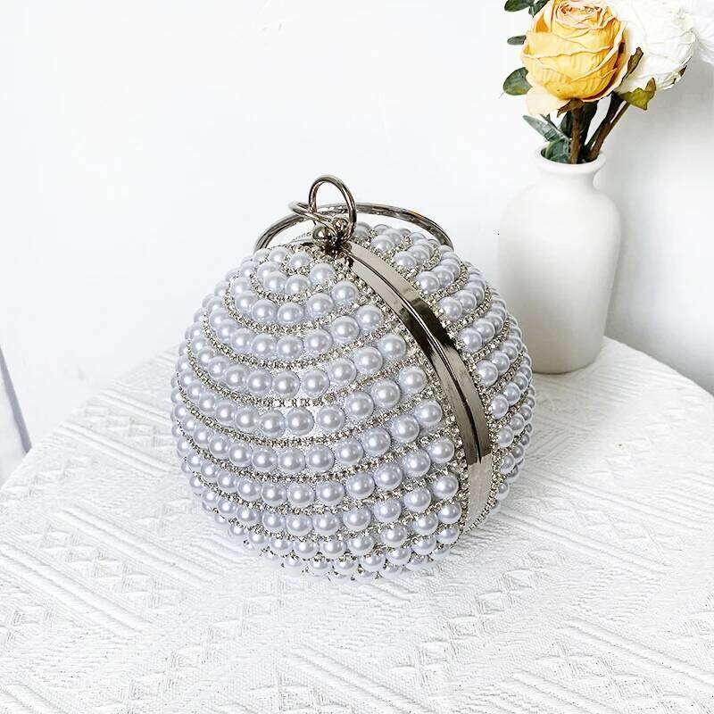 Fashion Pearl Top Ball Purse Bling Crystal Rhinestone Round Evening Handbag Women Glitter Sier Party Clutch Bag