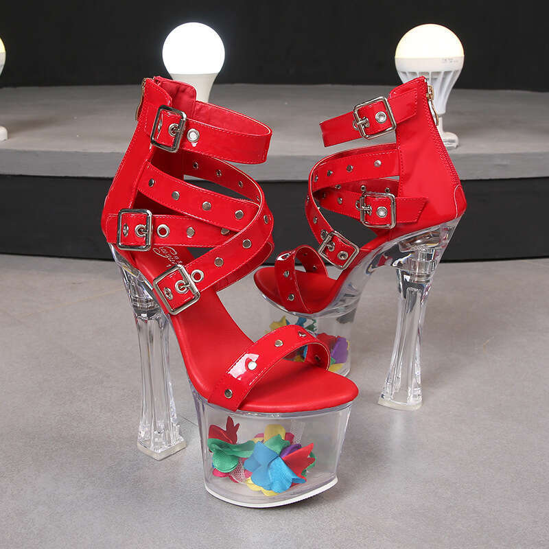 Super High Heels Rivet Back Strap Roman Sandals Transparent High 17Cm Chunky Heel Summer Thick Sole Waterproof Platform Platform High Heels