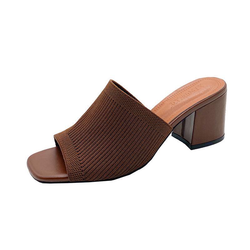 designer 2025 European and American New Fashion Women's Shoes Fashion One-Strap Thick Heel Knitted Wool High Heel Square Toe Sandals