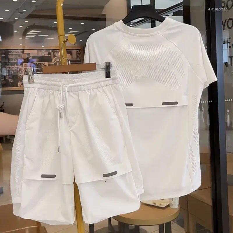 Men's Tracksuits Men Summer Thin Mesh Breathable Ice Silk Quick-drying Short-sleeved Shorts Two-piece Set Loose Running Basketball Wear