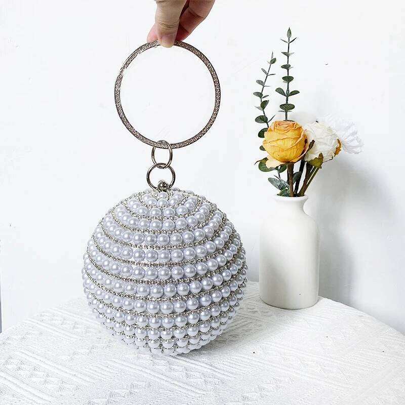 Fashion Pearl Top Ball Purse Bling Crystal Rhinestone Round Evening Handbag Women Glitter Sier Party Clutch Bag