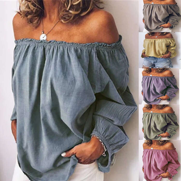 Autumn Winter Off-Shoulder Elastic Pleated Cotton Linen Solid Color Long Sleeve Women's Shirt B5