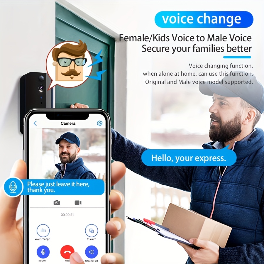 Smart Wireless Doorbell Visual-WiFi Door Doorbell Camera, Night Vision, Voice Changer, Photo&Video, Way Audio