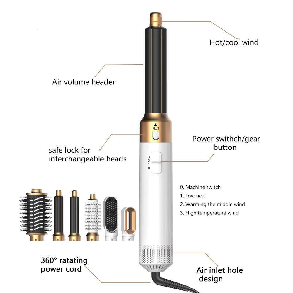 6 in 1 Ionic Blow Dryer Brush Multifunctional Styling Tool Set Curling Wand Detachable Straightener for Hair