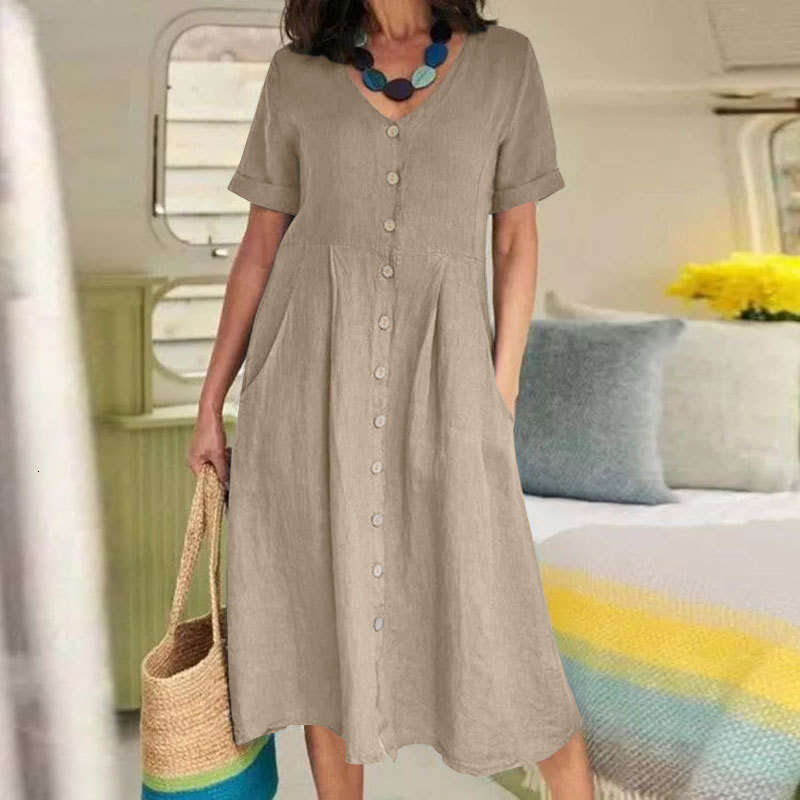 Spring/Summer New Solid Color Loose High-Waisted Cotton Linen Dress B5