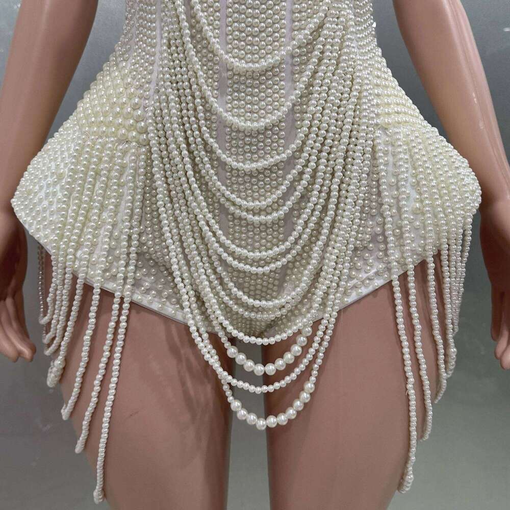 Pearls Beading Sexy Halter Backless Bodysuit Evening Party Performance Costume Bar Nightclub Singer Dancer Stage Wear