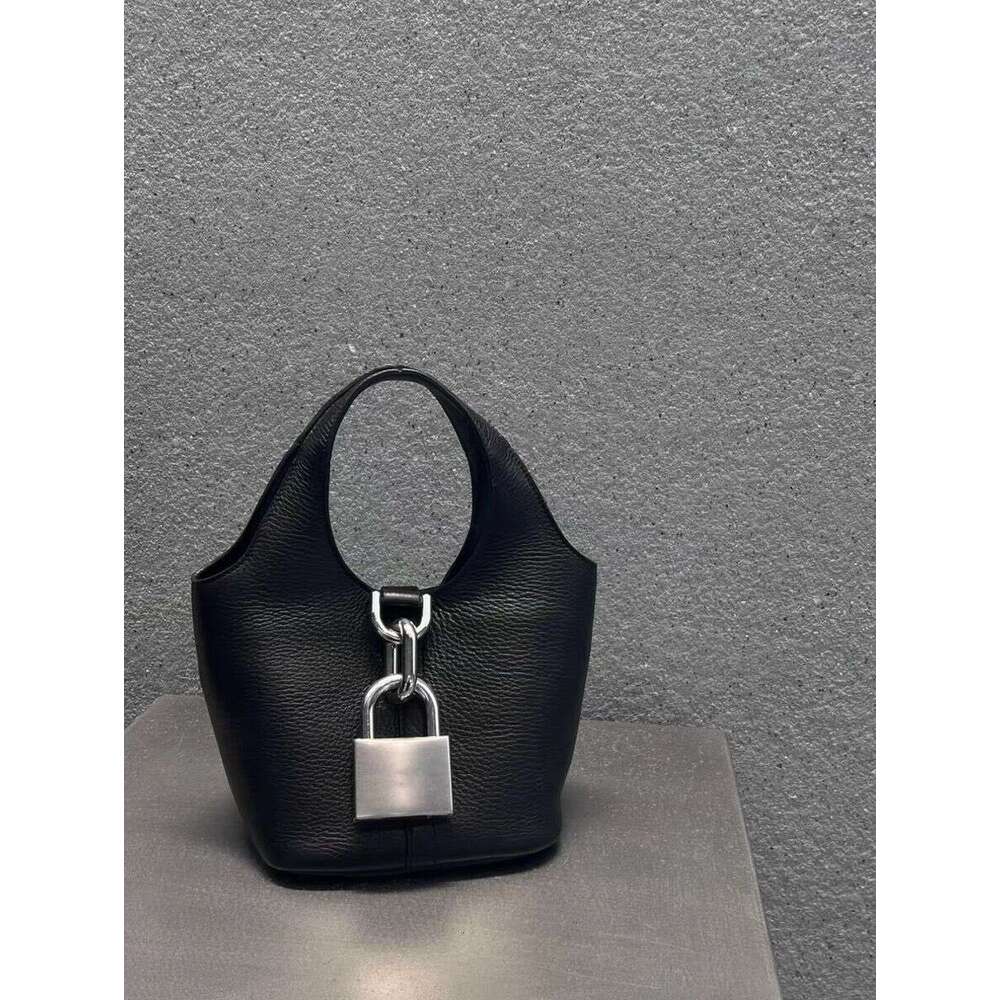 New Locker Lock Hobo Litchi Pattern Basket Bucket Bag First Layer Cowhide Single Shoulder Handbag