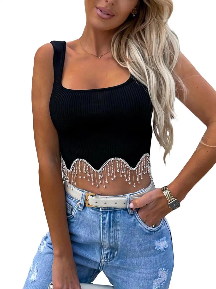 Women Camisole Sleeveless Square Neck Tasseled Rhinestones Fit Summer Tops for Party Club 250529