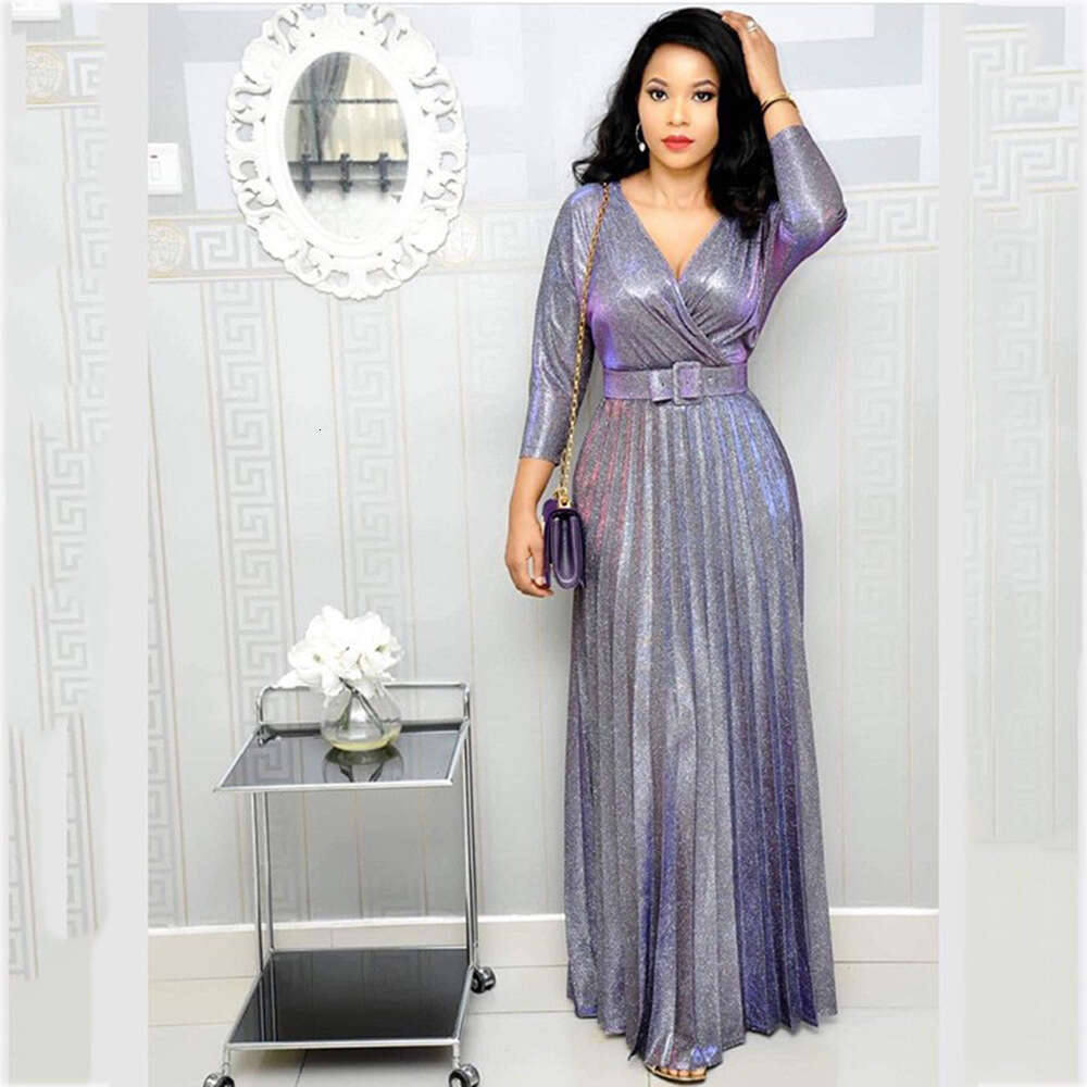 Winter European, American, African women's fashion long sleeved, gilded, pleated skirt with waist belt, shiny pink fabric, 2025 new style, chic a