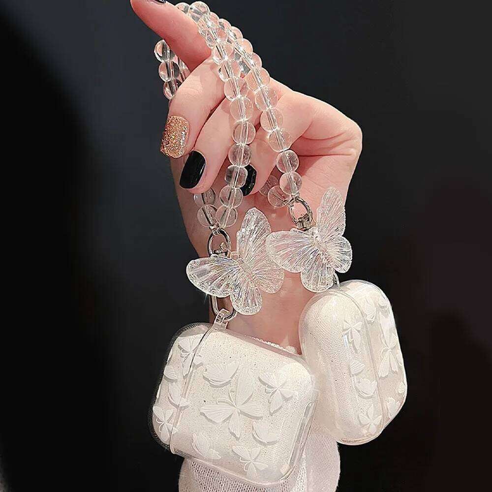 Crystal Butterfly Pendant Bead Bracelet Apple 4 /3 For Pro/ Pro2 Earphone Case With Keychain