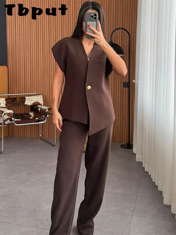 Womens Trouser Suit Solid Single Button Blazer High Waist Wide Leg Pants Female Suits 2025 Spring Summer 2 Pieces Outfits 250530