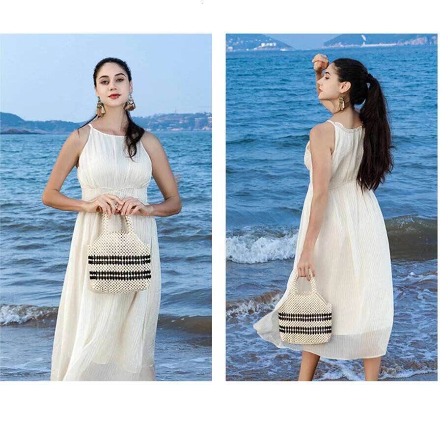 Summer Wooden bead totes holiday beach hollow out bag Leisure travel handbag hand woven patchwork clutch purses for woman party