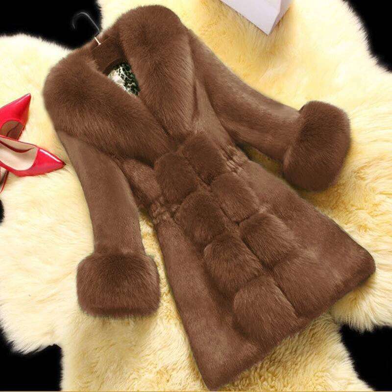 Mid-aged Coat Women Jacket Warm Fuzzy Faux Fur Slim Fit V Neck Overcoat Ladies Mid Length Cold-proof Winter Outerwear