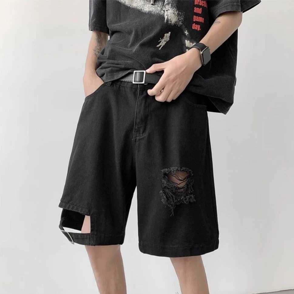 Baggy Male Denim Shorts Half Retro Blue Ripped Mens Short Jeans Pants Harajuku Popular Vintage Summer Buttons XL Emo Thin Jorts T250603