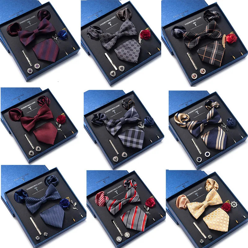 est Silk Tie Set Handkerchief Pocket Squares Cufflink Bow Tie Clip Necktie Set Bussiness Wedding Suit Gift Box 250530
