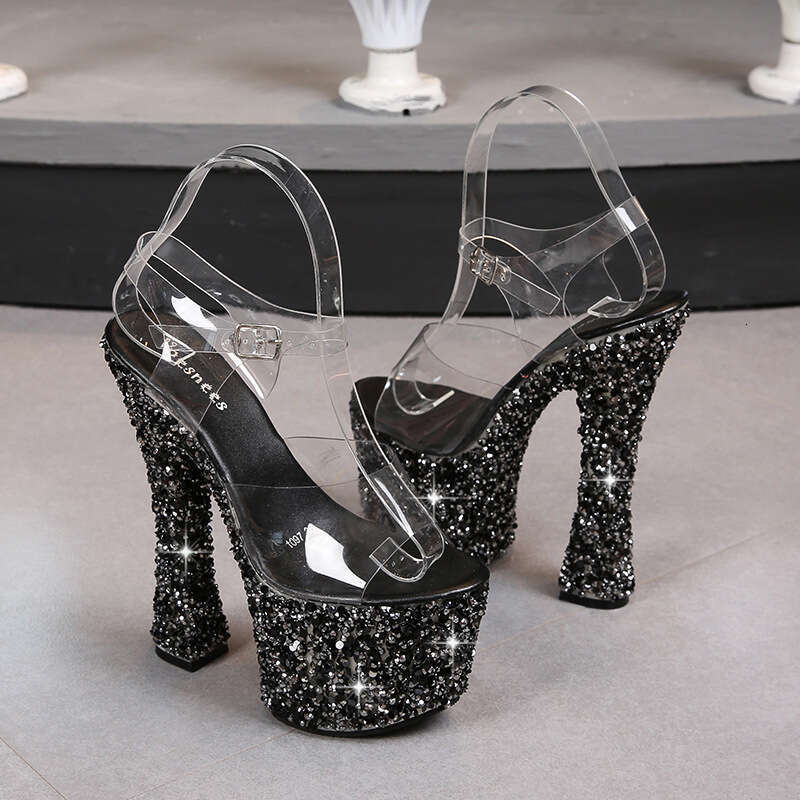 Super High Heels Sexy Nightclub Show Sequin One Strap Transparent Waterproof Platform Sandals Thin Chunky Super High Heels Platform High Heels