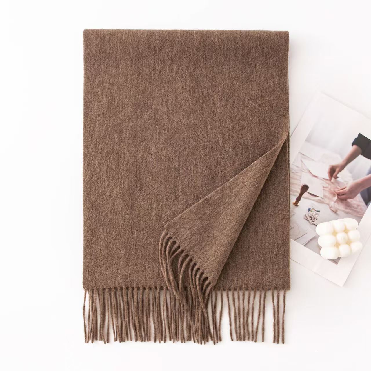 T876 solid color 100% wool scarf for women, high-grade spring and autumn, versatile and simple tassel shawl for men