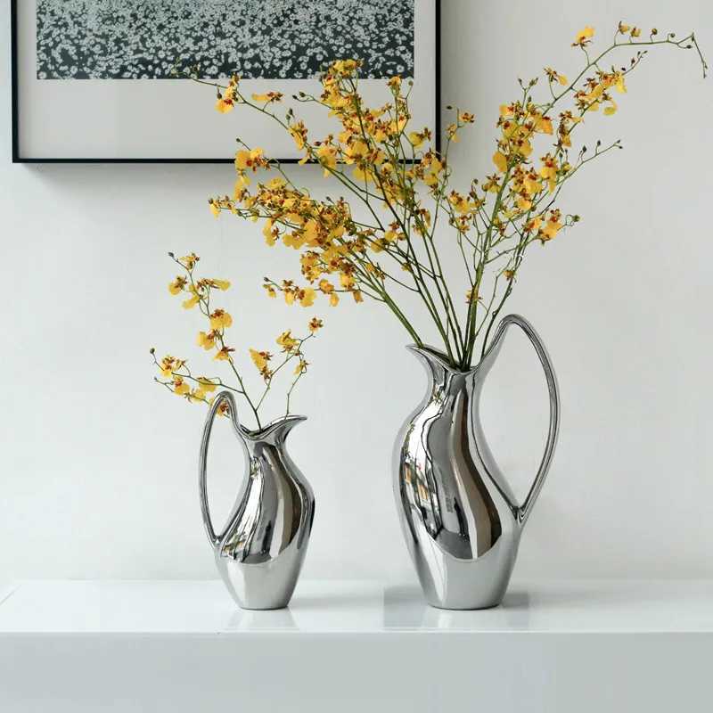 Creative Silver Pot Shaped Ceramic Vase Living Room Decoration Ornament Flower Arrangement Home Decoration Handicraft Y250603